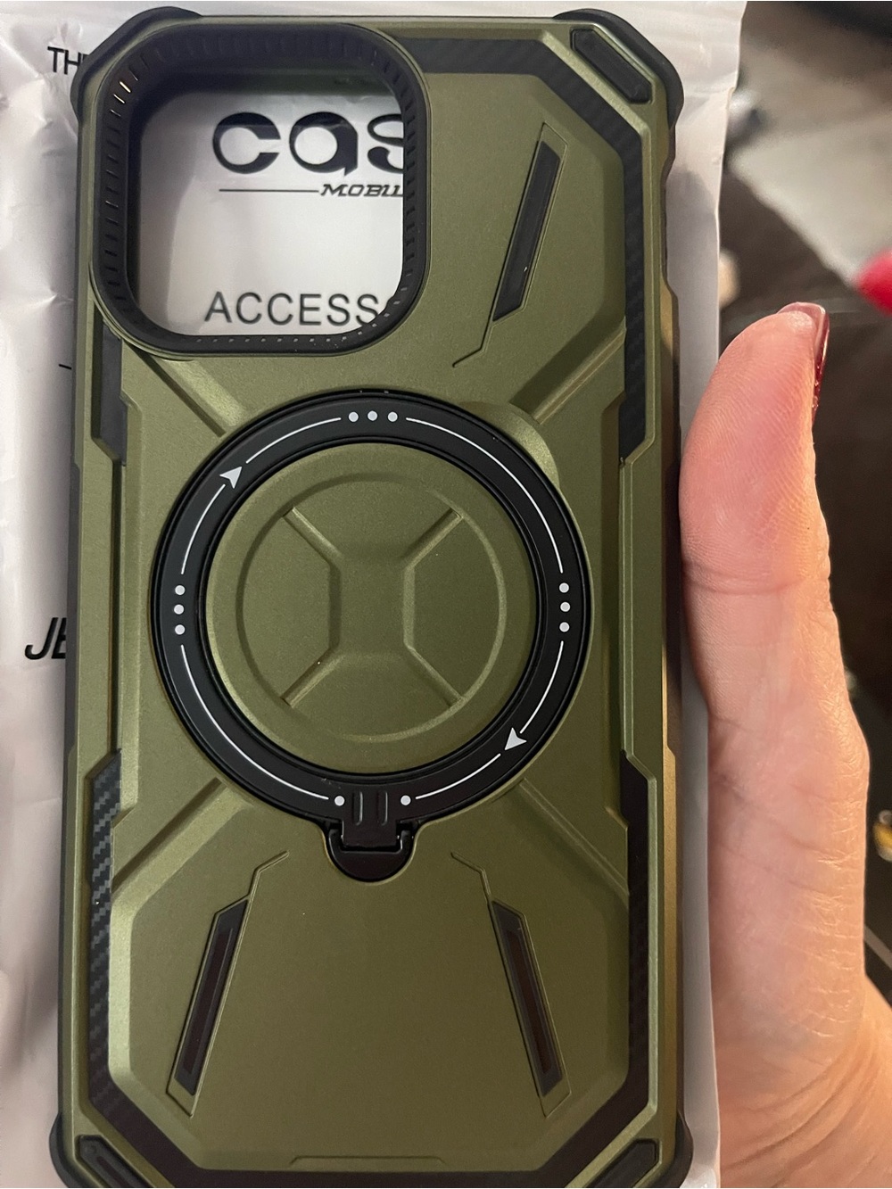 Rugged Olive Green Phone Case with Rotating Kick Ring